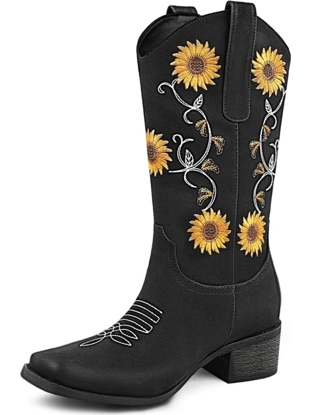 Women’s Black Faux Fur Square Toe Cowboy Mid-Calf Sunflower Embroidery Heel - Picture 3 of 5